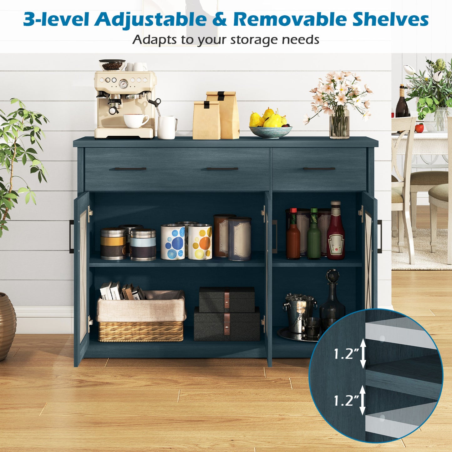 Farmhouse Buffet Sideboard, 3-Door Kitchen Storage Cabinet, 2 Drawers, Turquoise Sideboards Cabinets & Buffets at Gallery Canada