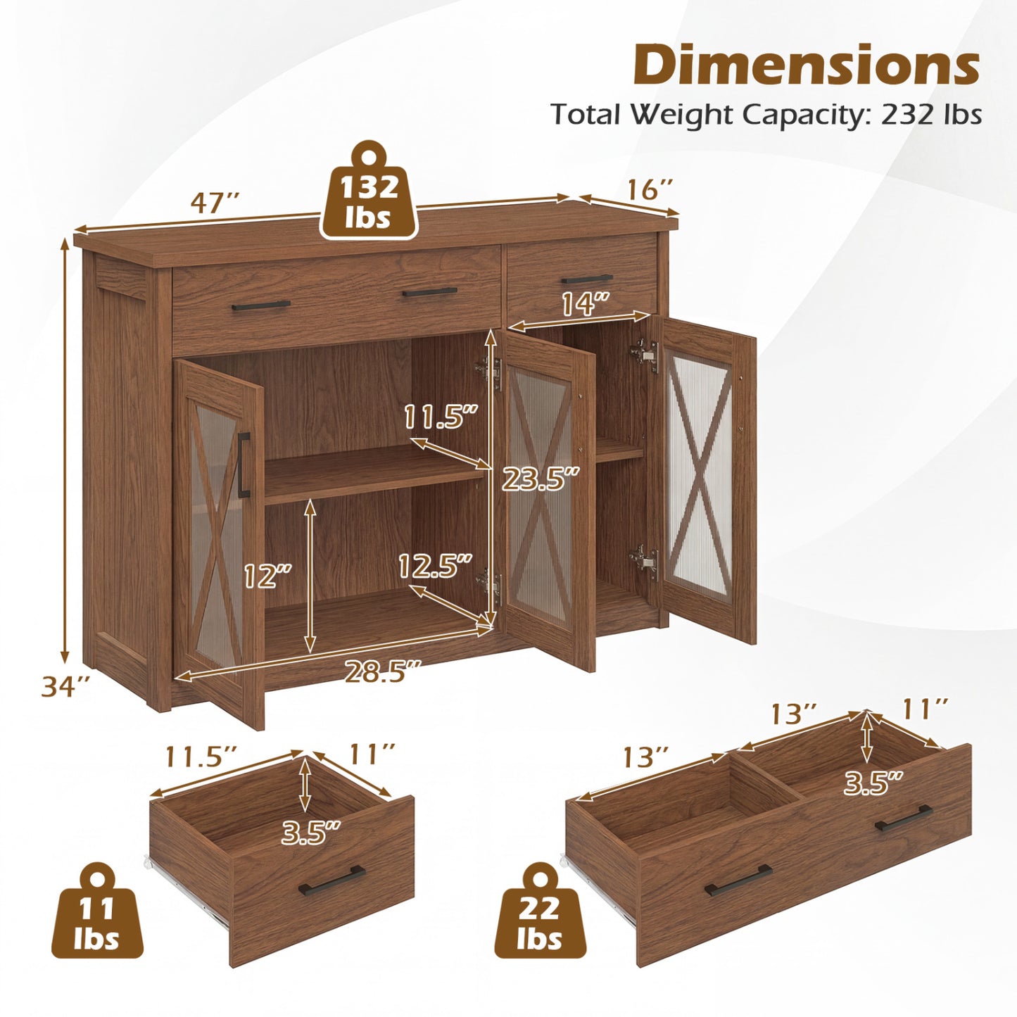 Farmhouse Buffet Sideboard, 3-Door Kitchen Storage Cabinet, 2 Drawers, Brown Sideboards Cabinets & Buffets at Gallery Canada