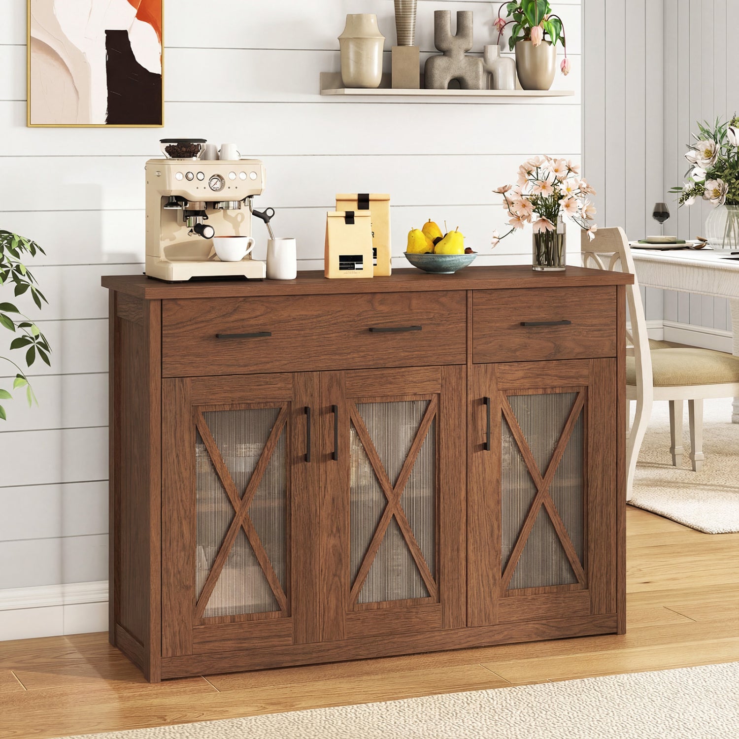 Farmhouse Buffet Sideboard, 3-Door Kitchen Storage Cabinet, 2 Drawers, Brown Sideboards Cabinets & Buffets at Gallery Canada