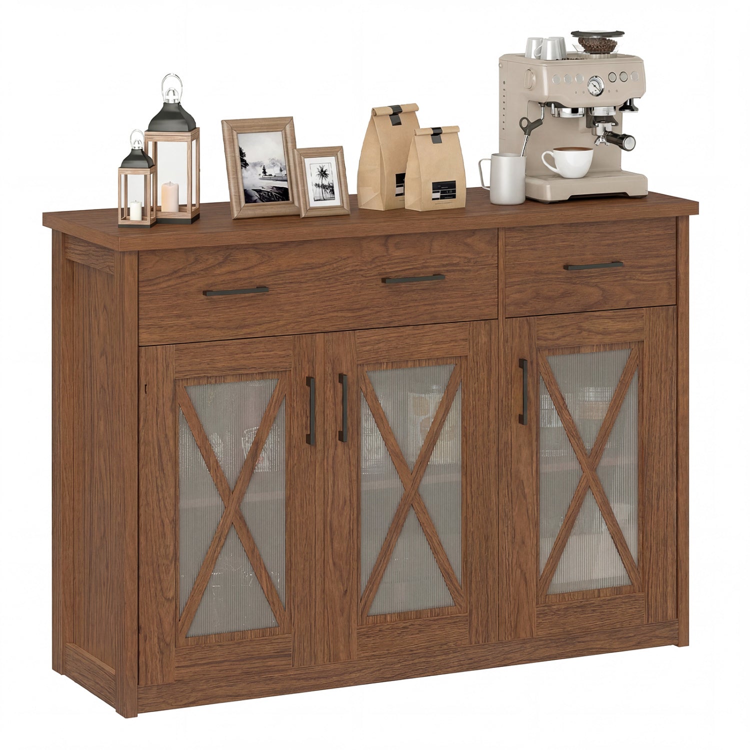 Farmhouse Buffet Sideboard, 3-Door Kitchen Storage Cabinet, 2 Drawers, Brown Sideboards Cabinets & Buffets Brown at Gallery Canada