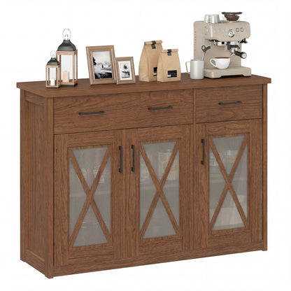 Farmhouse Buffet Sideboard, 3-Door Kitchen Storage Cabinet, 2 Drawers, Brown Sideboards Cabinets & Buffets Brown at Gallery Canada
