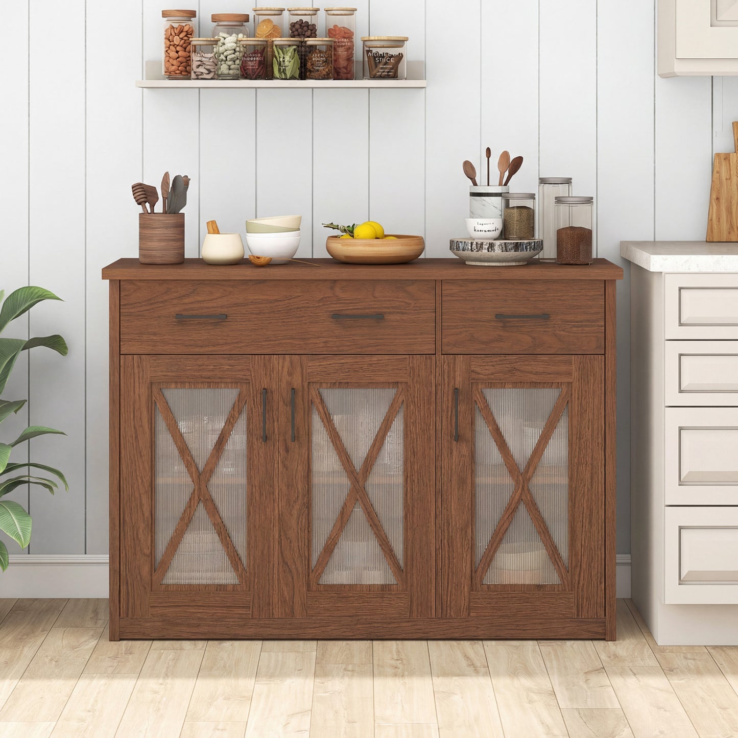Farmhouse Buffet Sideboard, 3-Door Kitchen Storage Cabinet, 2 Drawers, Brown Sideboards Cabinets & Buffets at Gallery Canada