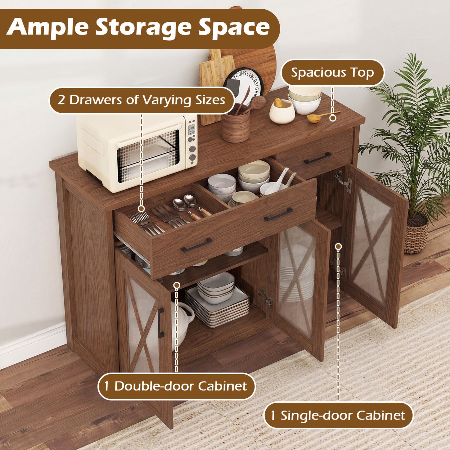 Farmhouse Buffet Sideboard, 3-Door Kitchen Storage Cabinet, 2 Drawers, Brown Sideboards Cabinets & Buffets at Gallery Canada