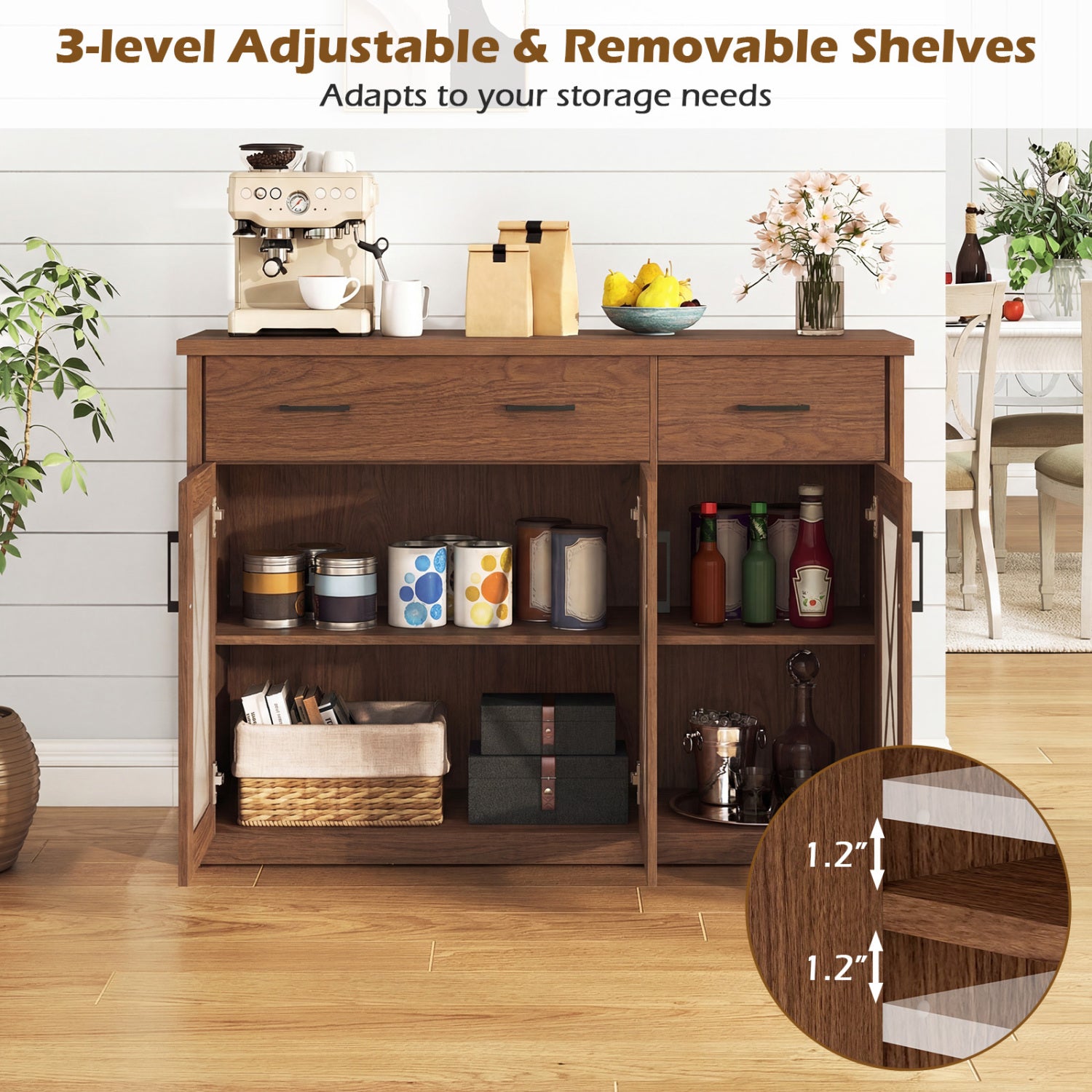 Farmhouse Buffet Sideboard, 3-Door Kitchen Storage Cabinet, 2 Drawers, Brown Sideboards Cabinets & Buffets at Gallery Canada