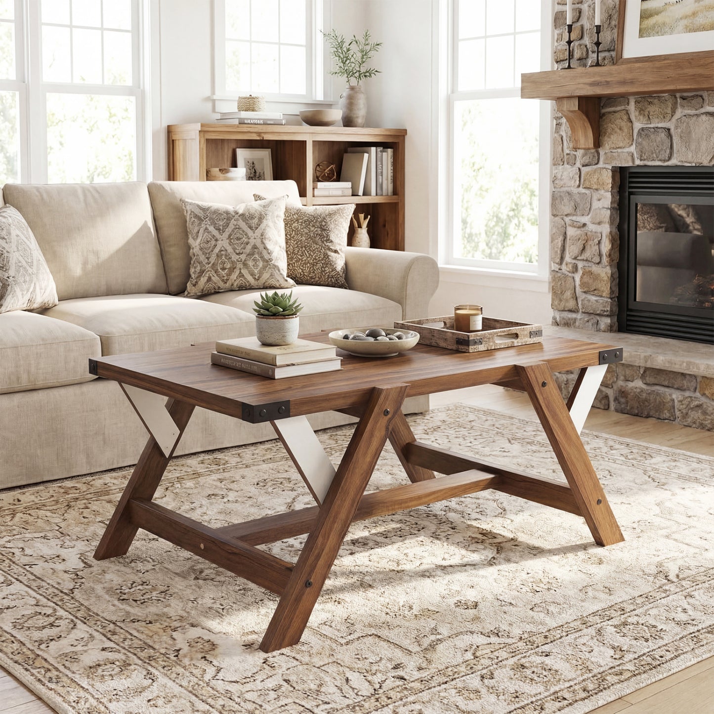 Farmhouse Center Table With Decorative Nailhead Accents, Walnut Coffee Tables at Gallery Canada
