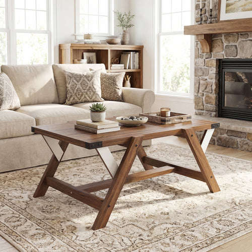 Farmhouse Center Table With Decorative Nailhead Accents, Walnut