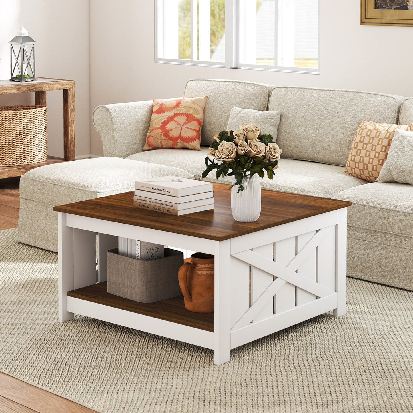 Farmhouse Coffee Table 31 Inch Square Coffee Table with Storage Shelf, White Coffee Tables at Gallery Canada