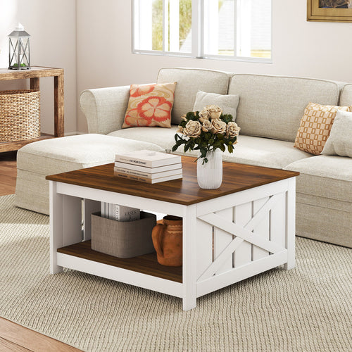 Farmhouse Coffee Table 31 Inch Square Coffee Table with Storage Shelf, White