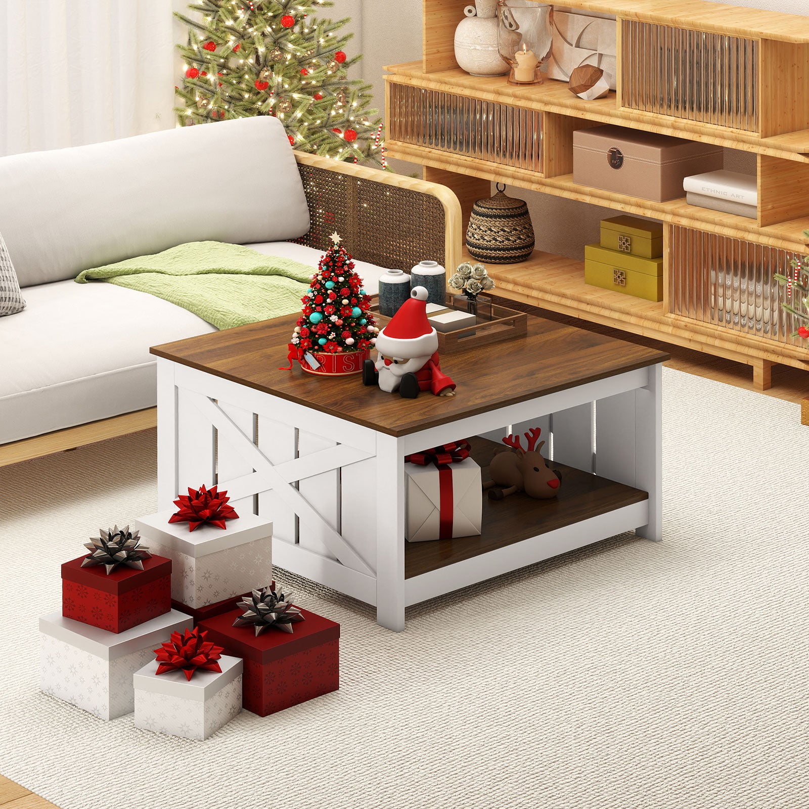 Farmhouse Coffee Table 31 Inch Square Coffee Table with Storage Shelf, White Coffee Tables at Gallery Canada