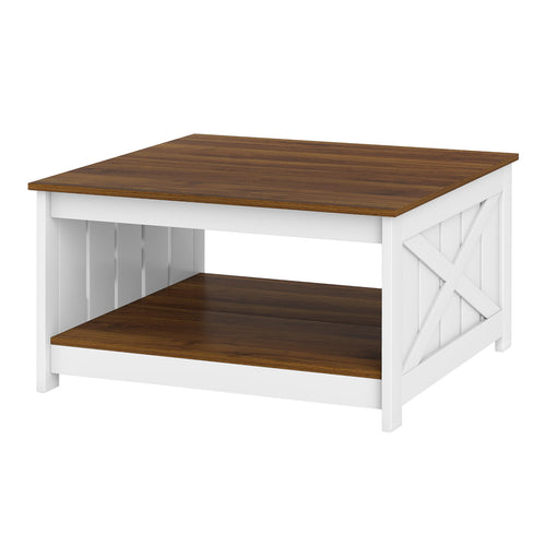 Farmhouse Coffee Table 31 Inch Square Coffee Table with Storage Shelf, White
