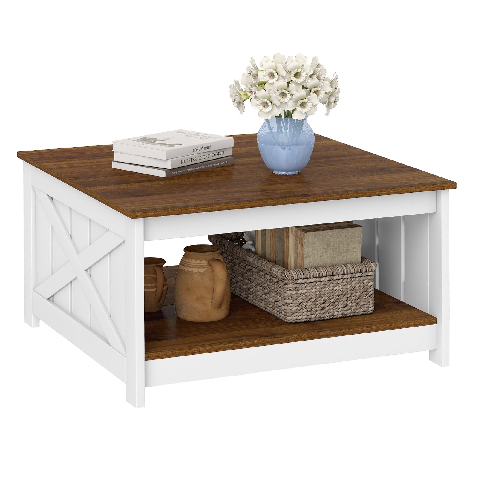 Farmhouse Coffee Table 31 Inch Square Coffee Table with Storage Shelf, White Coffee Tables at Gallery Canada