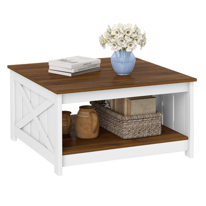 Farmhouse Coffee Table 31 Inch Square Coffee Table with Storage Shelf, White Coffee Tables at Gallery Canada