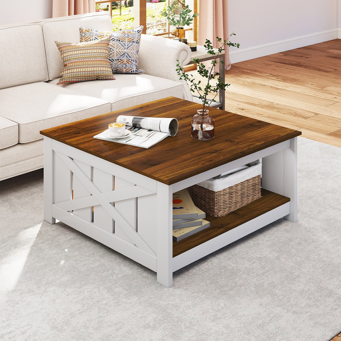 Farmhouse Coffee Table 31 Inch Square Coffee Table with Storage Shelf, White Coffee Tables at Gallery Canada