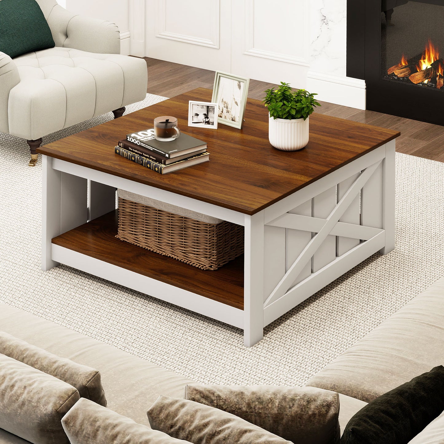 Farmhouse Coffee Table 31 Inch Square Coffee Table with Storage Shelf, White Coffee Tables at Gallery Canada