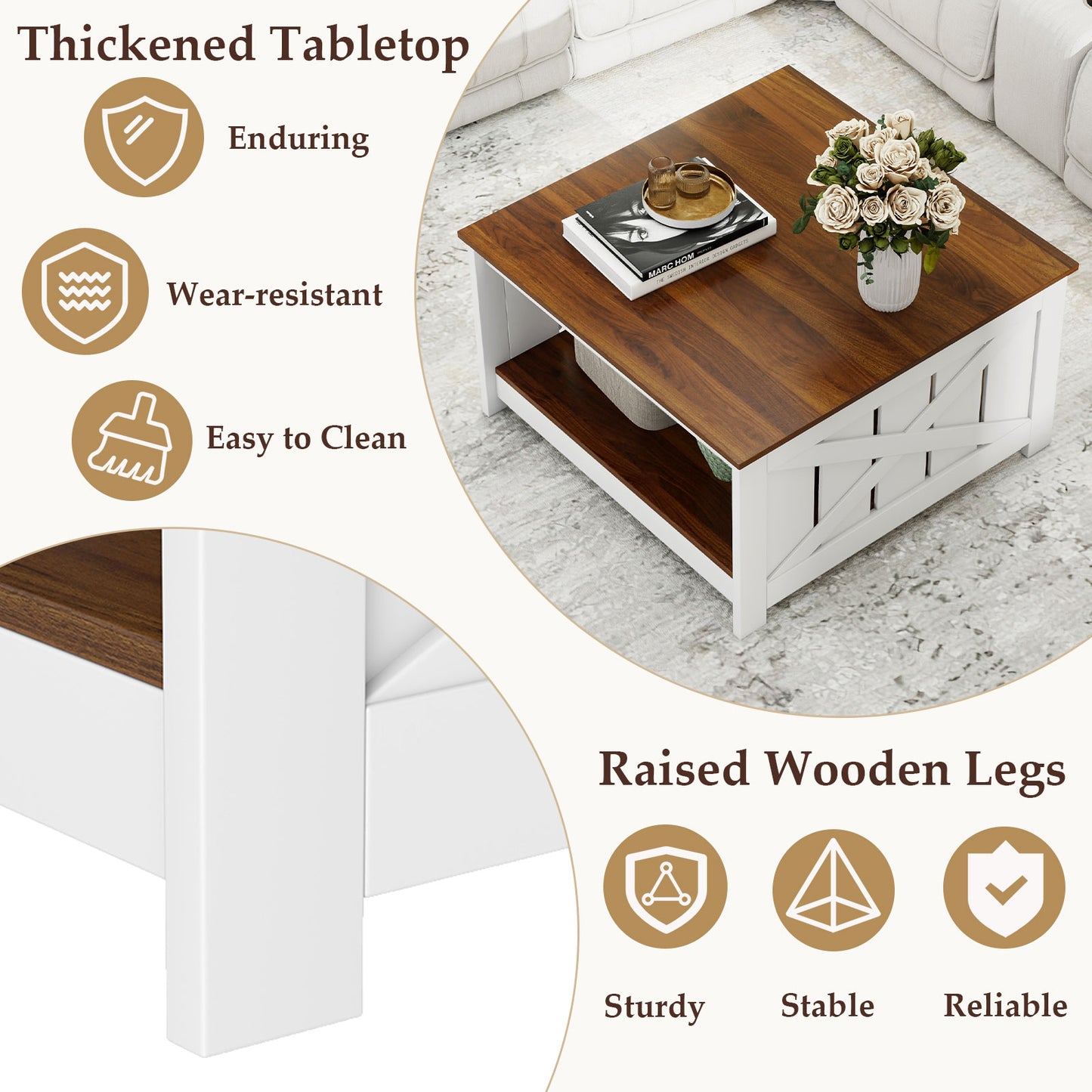 Farmhouse Coffee Table 31 Inch Square Coffee Table with Storage Shelf, White Coffee Tables at Gallery Canada