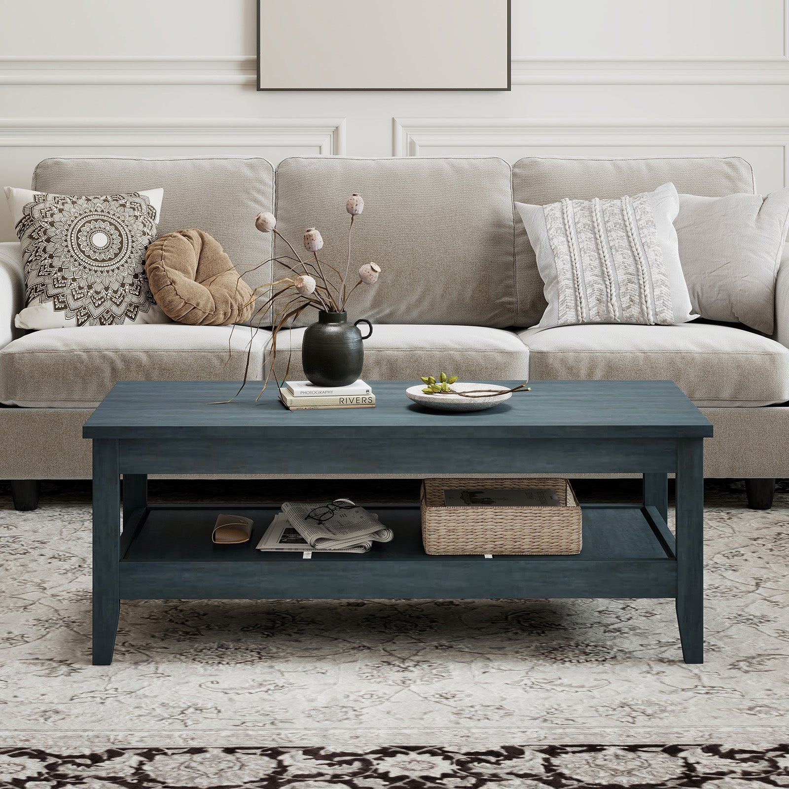 Farmhouse Coffee Table Rustic Cocktail Center Table with Thickened Tabletop, Blue Coffee Tables at Gallery Canada