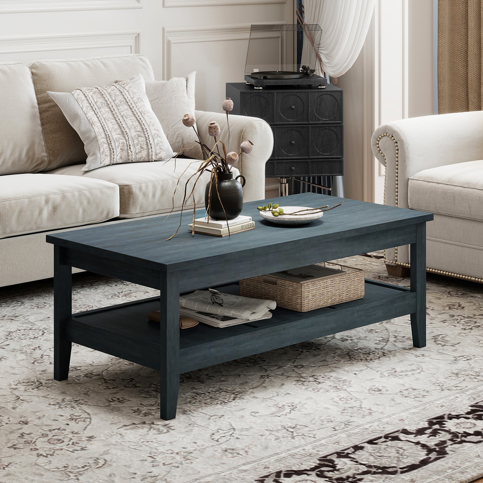 Farmhouse Coffee Table Rustic Cocktail Center Table with Thickened Tabletop, Blue Coffee Tables at Gallery Canada