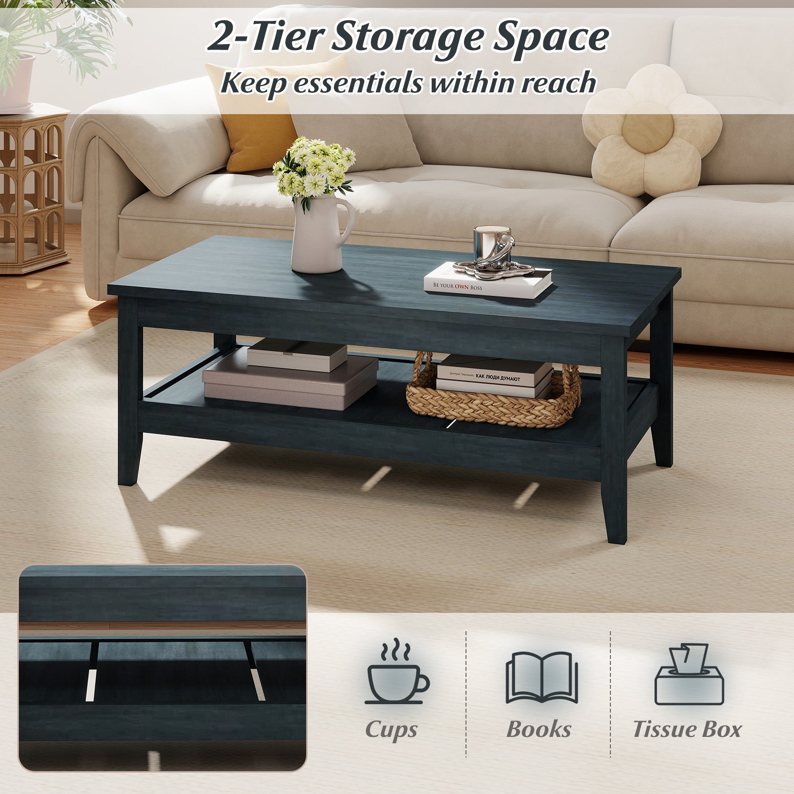 Farmhouse Coffee Table Rustic Cocktail Center Table with Thickened Tabletop, Blue Coffee Tables at Gallery Canada