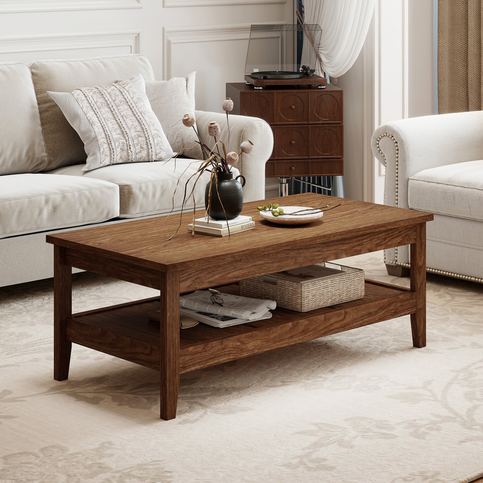 Farmhouse Coffee Table Rustic Cocktail Center Table with Thickened Tabletop-Walnue, Walnut Coffee Tables at Gallery Canada