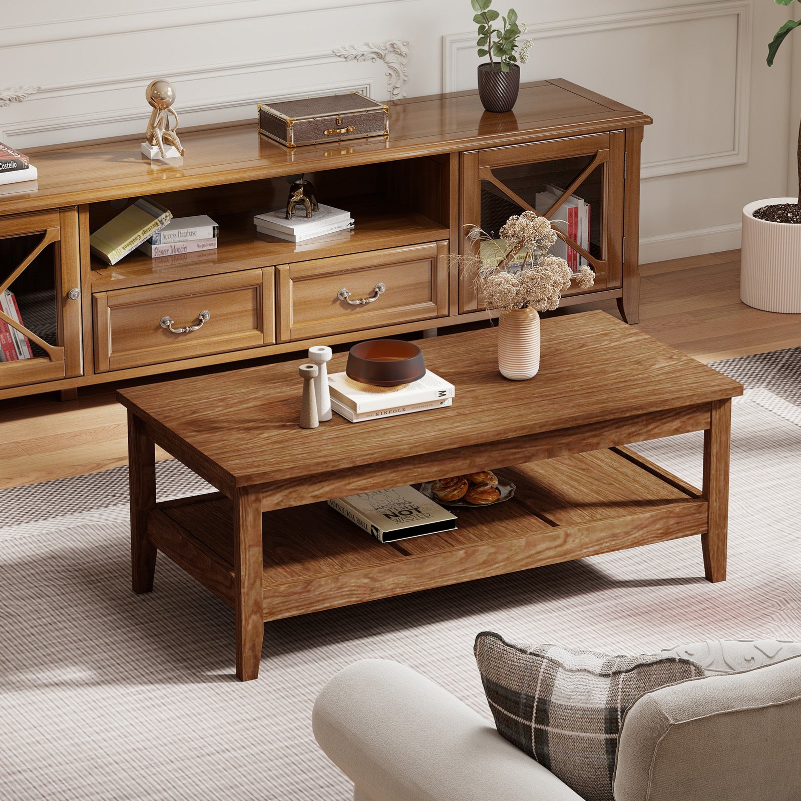 Farmhouse Coffee Table Rustic Cocktail Center Table with Thickened Tabletop-Walnue, Walnut Coffee Tables at Gallery Canada