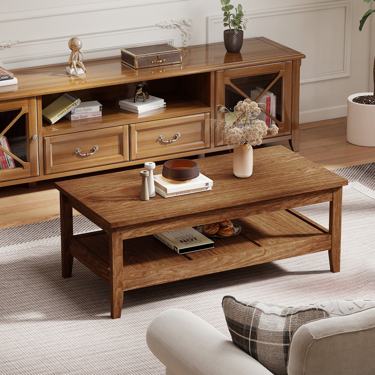 Farmhouse Coffee Table Rustic Cocktail Center Table with Thickened Tabletop-Walnue, Walnut Coffee Tables at Gallery Canada