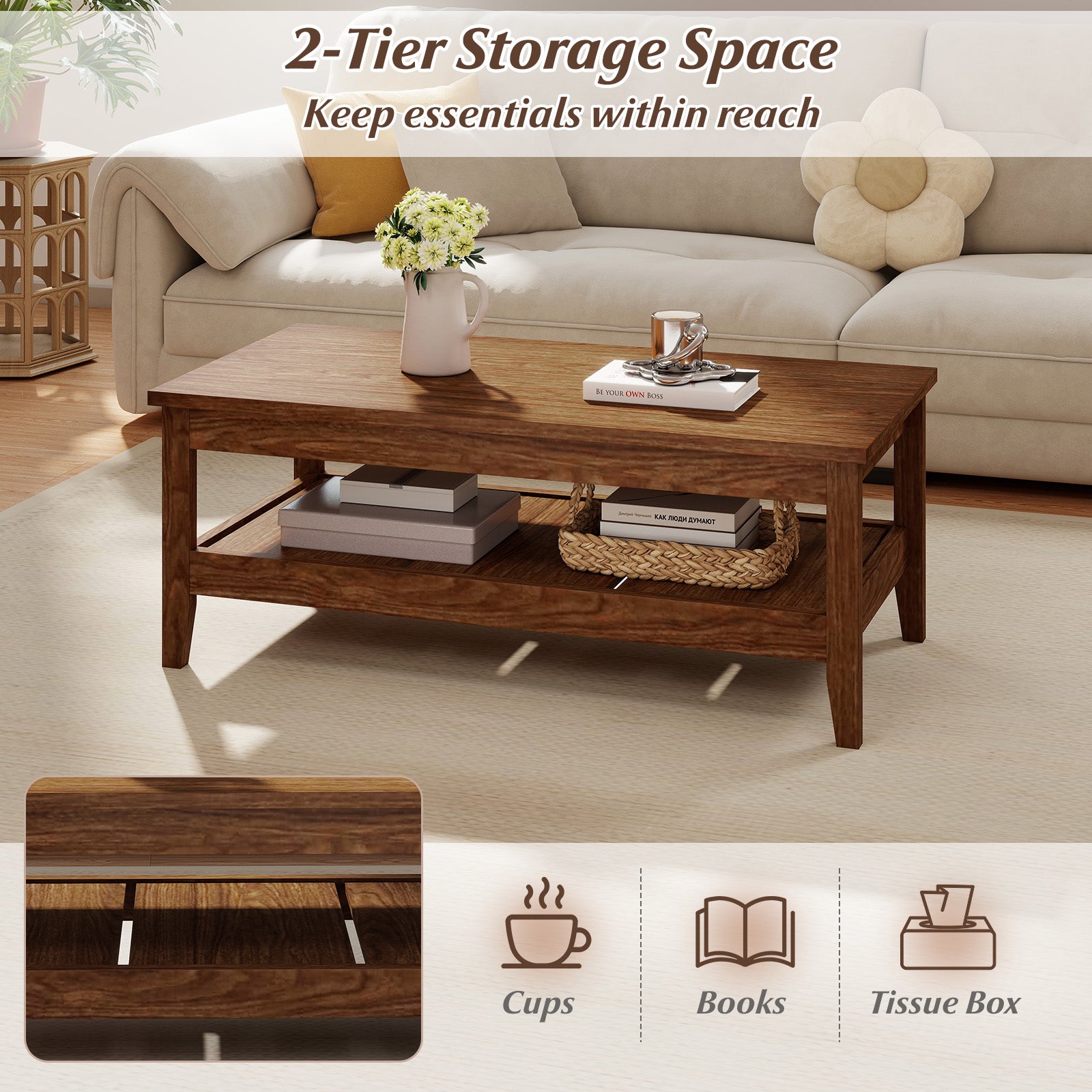 Farmhouse Coffee Table Rustic Cocktail Center Table with Thickened Tabletop-Walnue, Walnut Coffee Tables at Gallery Canada