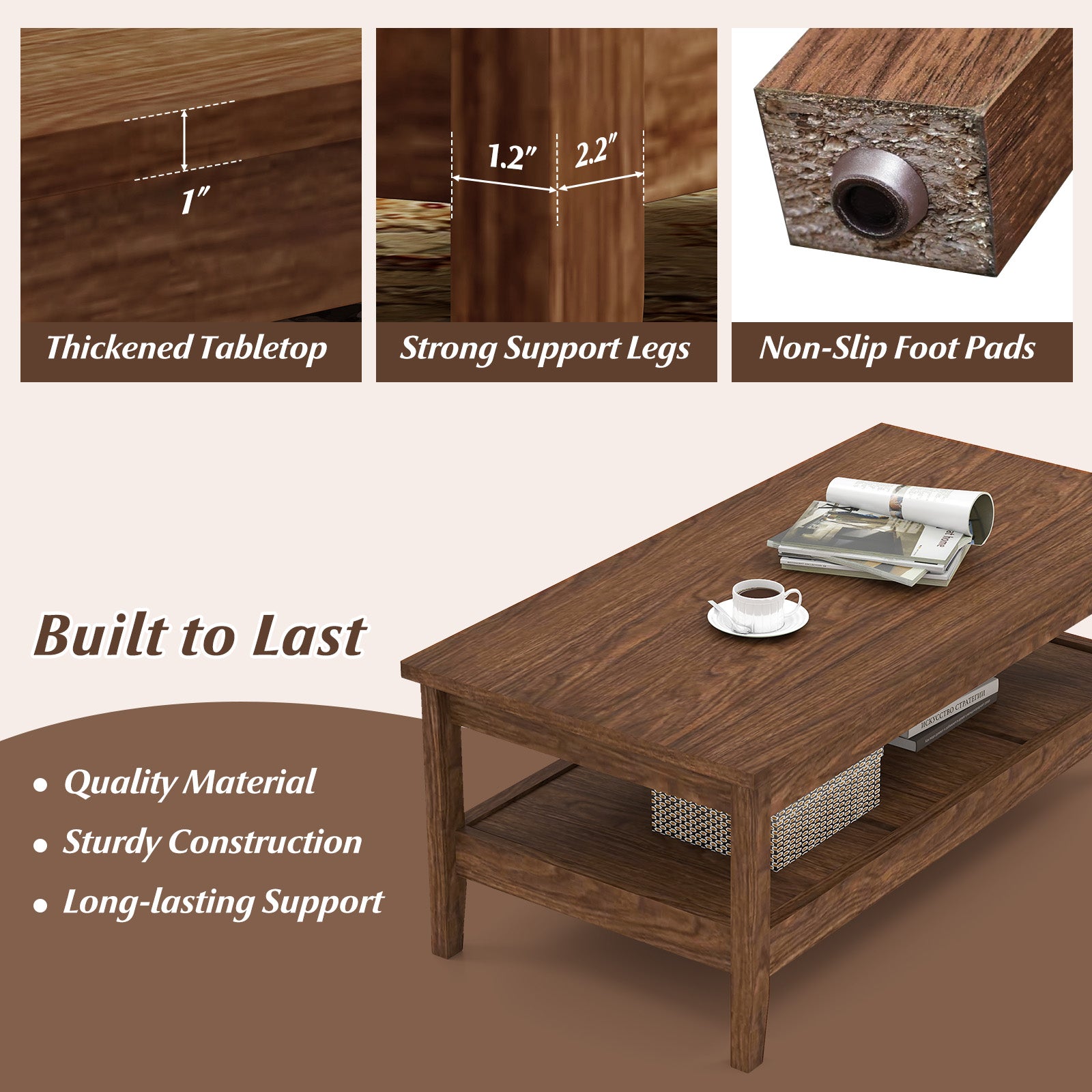 Farmhouse Coffee Table Rustic Cocktail Center Table with Thickened Tabletop-Walnue, Walnut Coffee Tables at Gallery Canada