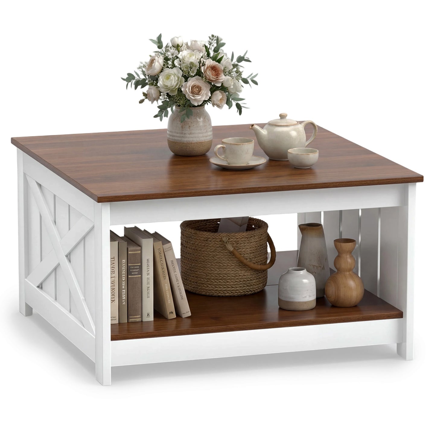 Farmhouse Coffee Table, 31 Inch Square, Storage Shelf, White Coffee Tables White at Gallery Canada