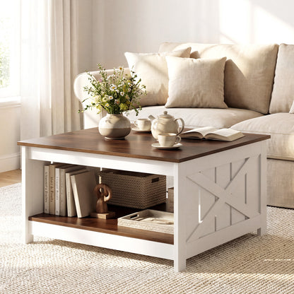 Farmhouse Coffee Table, 31 Inch Square, Storage Shelf, White Coffee Tables at Gallery Canada