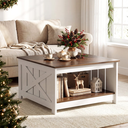 Farmhouse Coffee Table, 31 Inch Square, Storage Shelf, White Coffee Tables at Gallery Canada