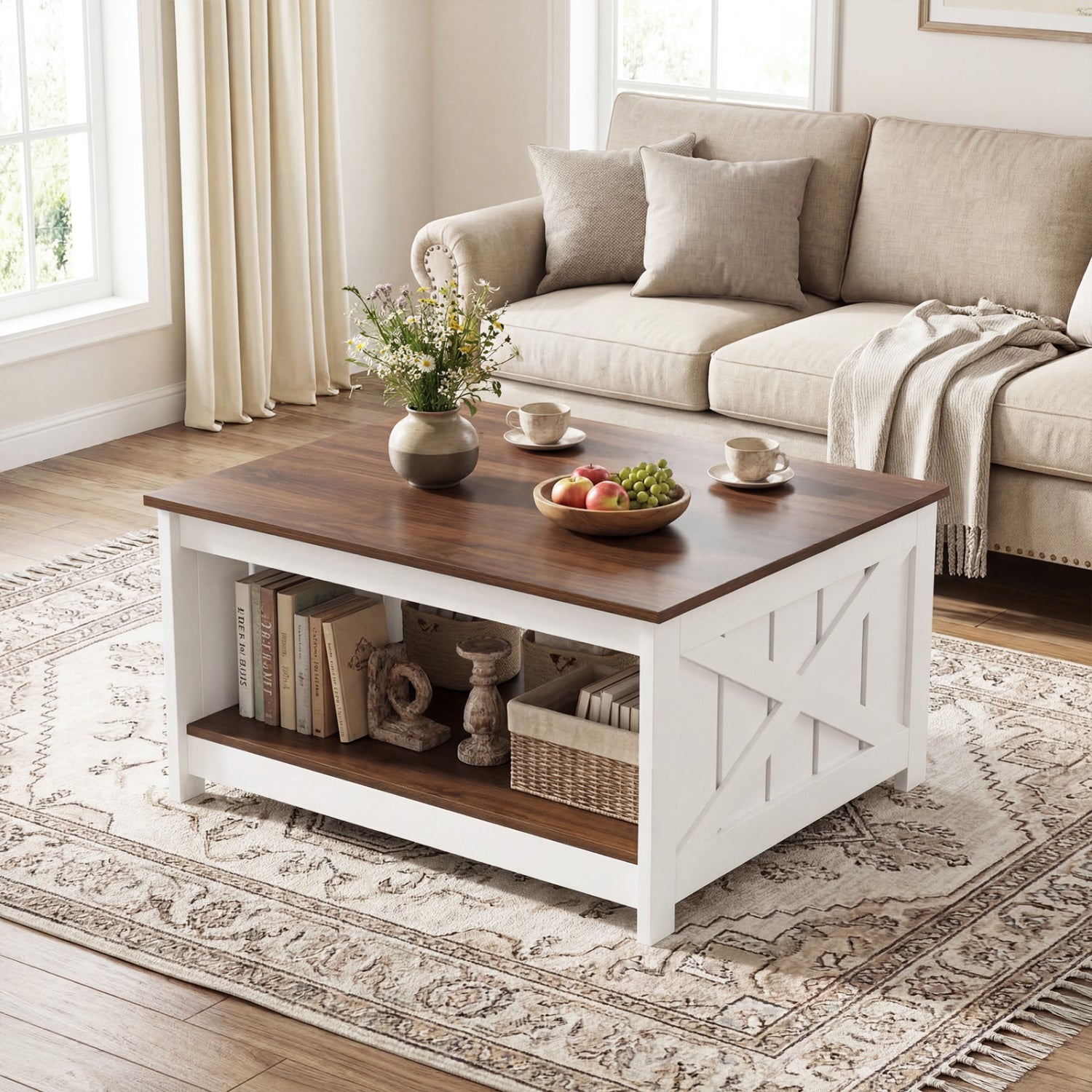 Farmhouse Coffee Table, 31 Inch Square, Storage Shelf, White Coffee Tables at Gallery Canada
