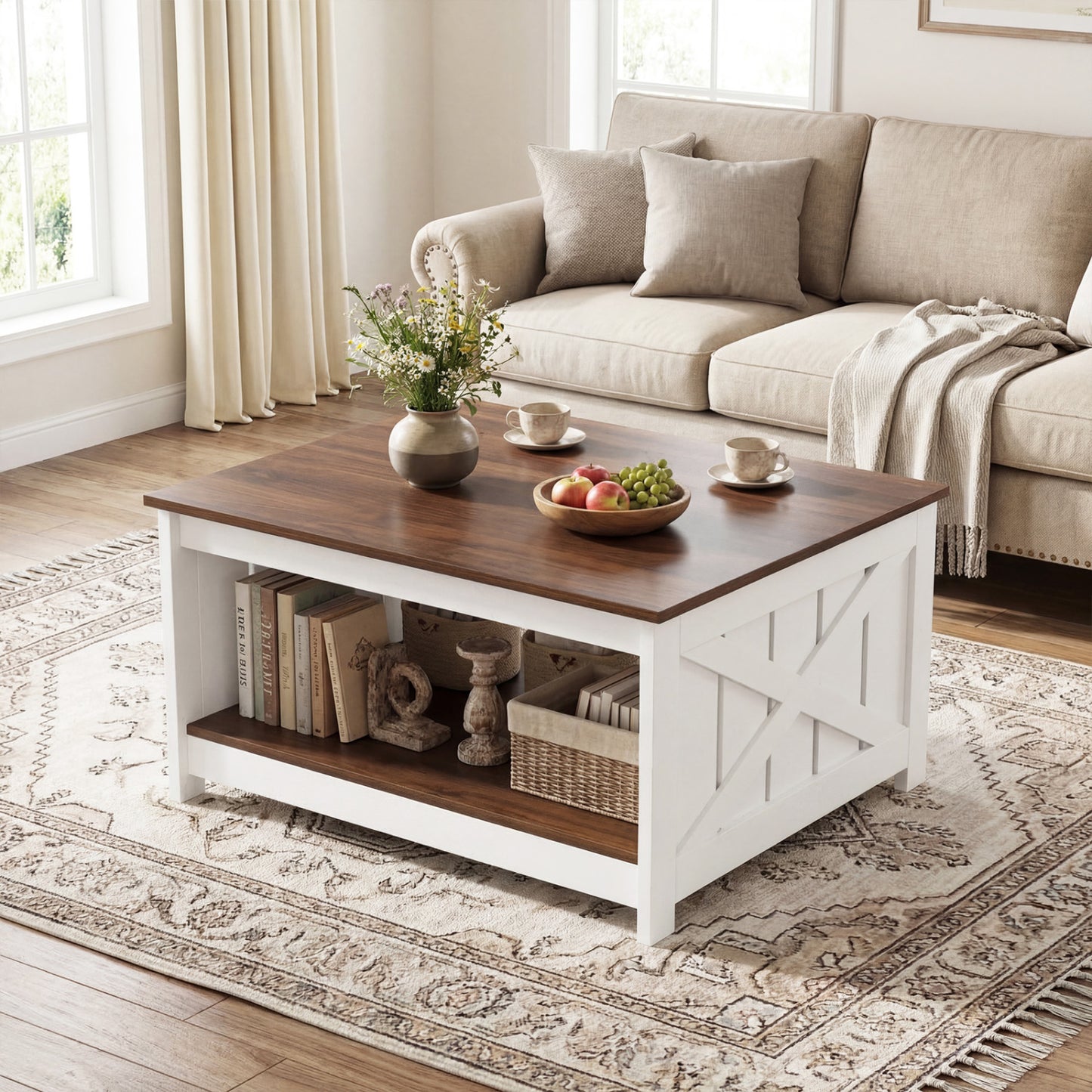 Farmhouse Coffee Table, 31 Inch Square, Storage Shelf, White Coffee Tables at Gallery Canada