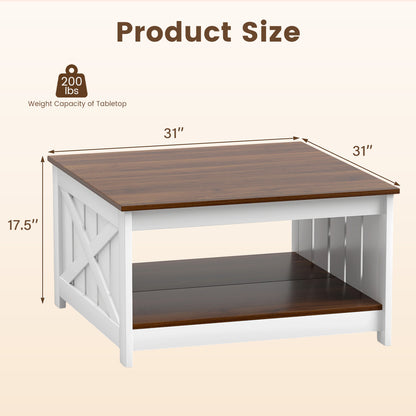 Farmhouse Coffee Table, 31 Inch Square, Storage Shelf, White Coffee Tables at Gallery Canada
