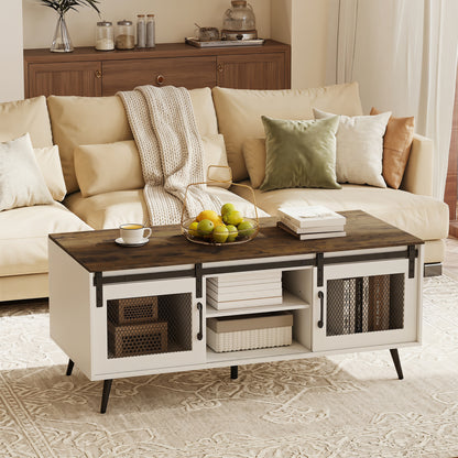 Farmhouse Coffee Table with Sliding Doors Rectangular with Adjustable Shelf, Rustic Brown Coffee Tables at Gallery Canada