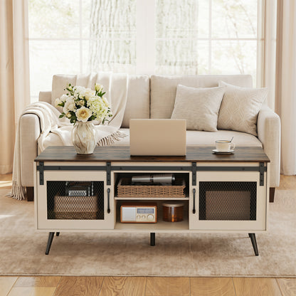 Farmhouse Coffee Table with Sliding Doors Rectangular with Adjustable Shelf, Rustic Brown Coffee Tables at Gallery Canada