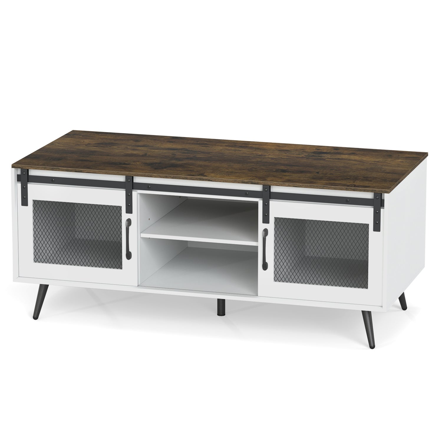 Farmhouse Coffee Table with Sliding Doors Rectangular with Adjustable Shelf, Rustic Brown Coffee Tables Rustic Brown at Gallery Canada