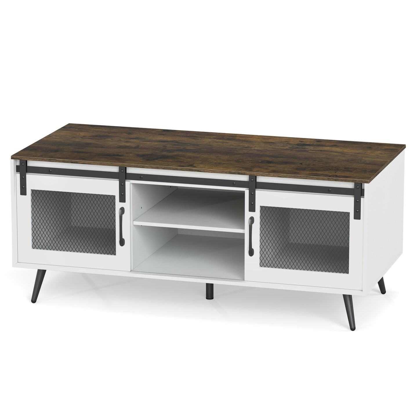 Farmhouse Coffee Table with Sliding Doors Rectangular with Adjustable Shelf, Rustic Brown Coffee Tables Rustic Brown at Gallery Canada