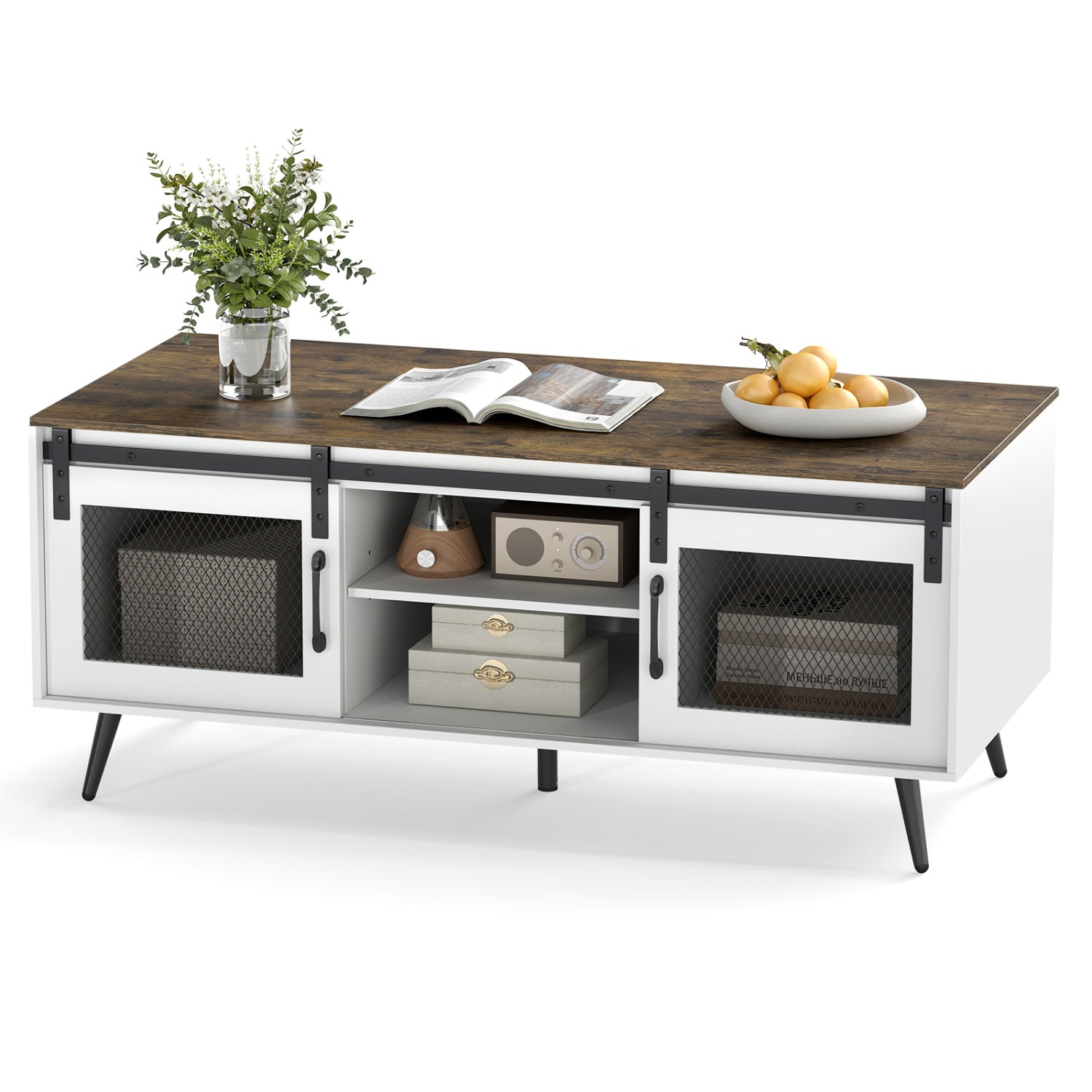 Farmhouse Coffee Table with Sliding Doors Rectangular with Adjustable Shelf, Rustic Brown Coffee Tables at Gallery Canada