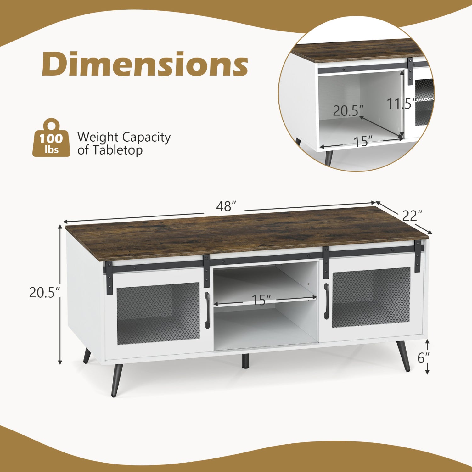 Farmhouse Coffee Table with Sliding Doors Rectangular with Adjustable Shelf, Rustic Brown Coffee Tables at Gallery Canada