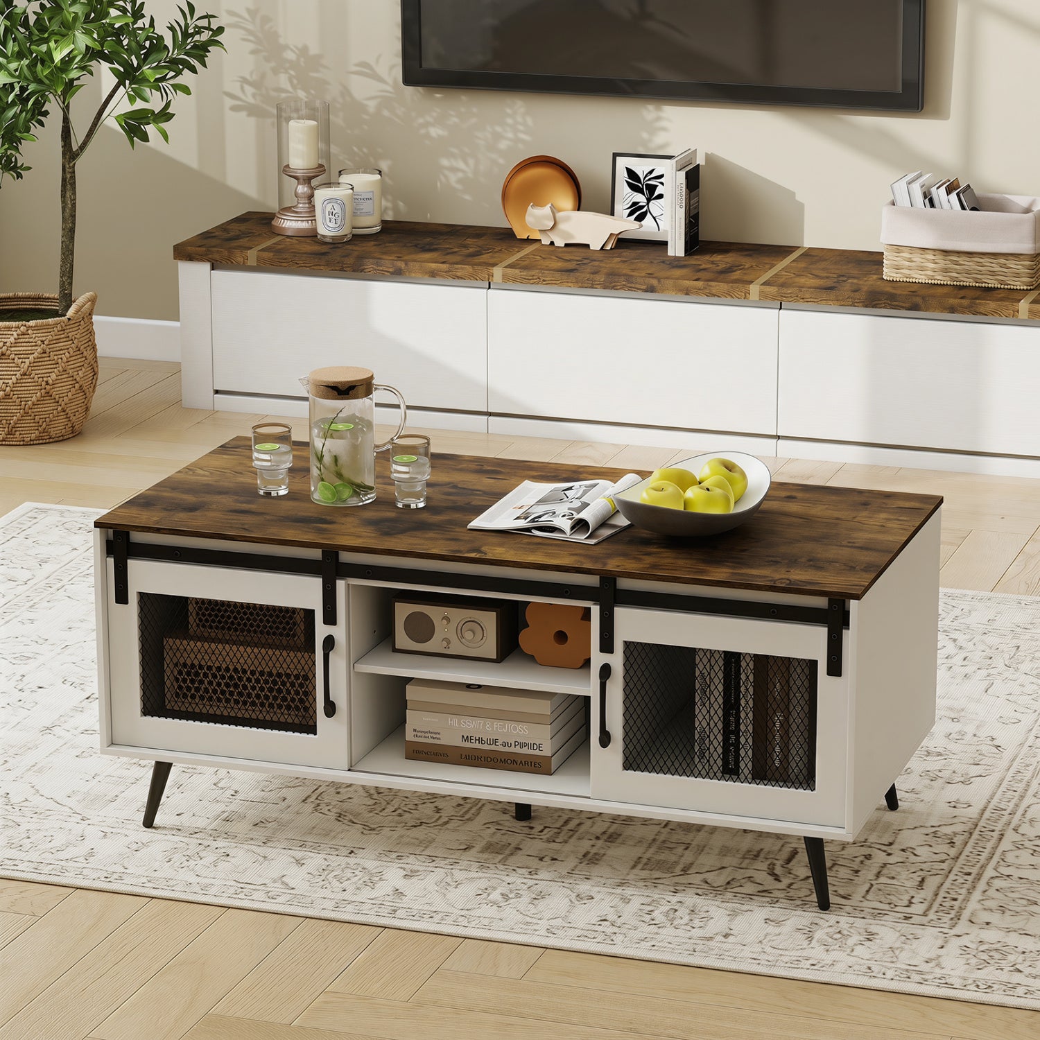 Farmhouse Coffee Table with Sliding Doors Rectangular with Adjustable Shelf, Rustic Brown Coffee Tables at Gallery Canada