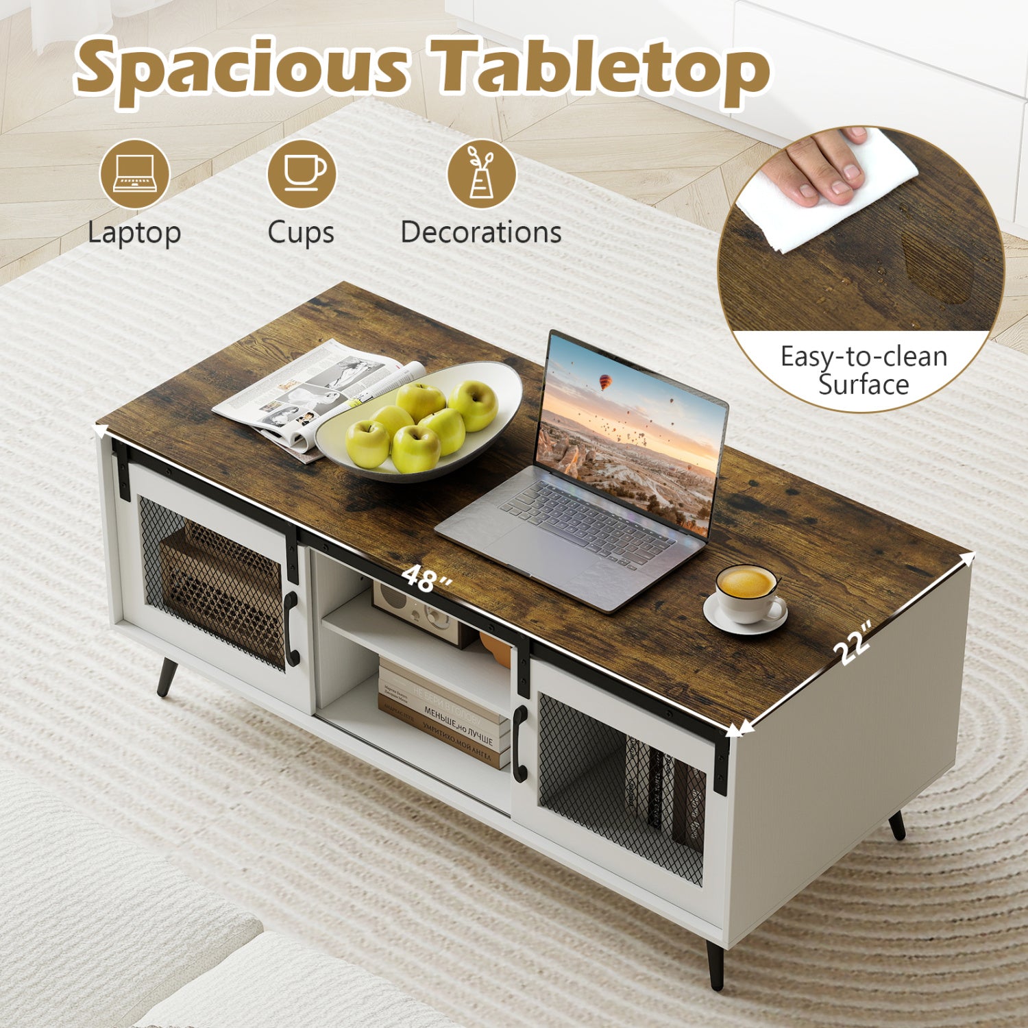 Farmhouse Coffee Table with Sliding Doors Rectangular with Adjustable Shelf, Rustic Brown Coffee Tables at Gallery Canada