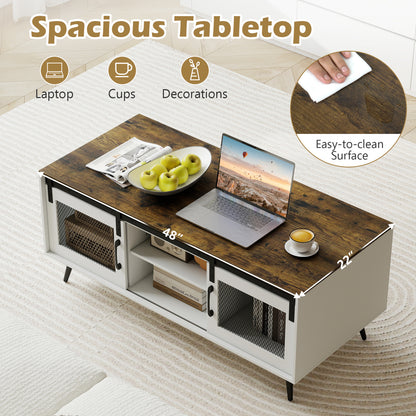 Farmhouse Coffee Table with Sliding Doors Rectangular with Adjustable Shelf, Rustic Brown Coffee Tables at Gallery Canada