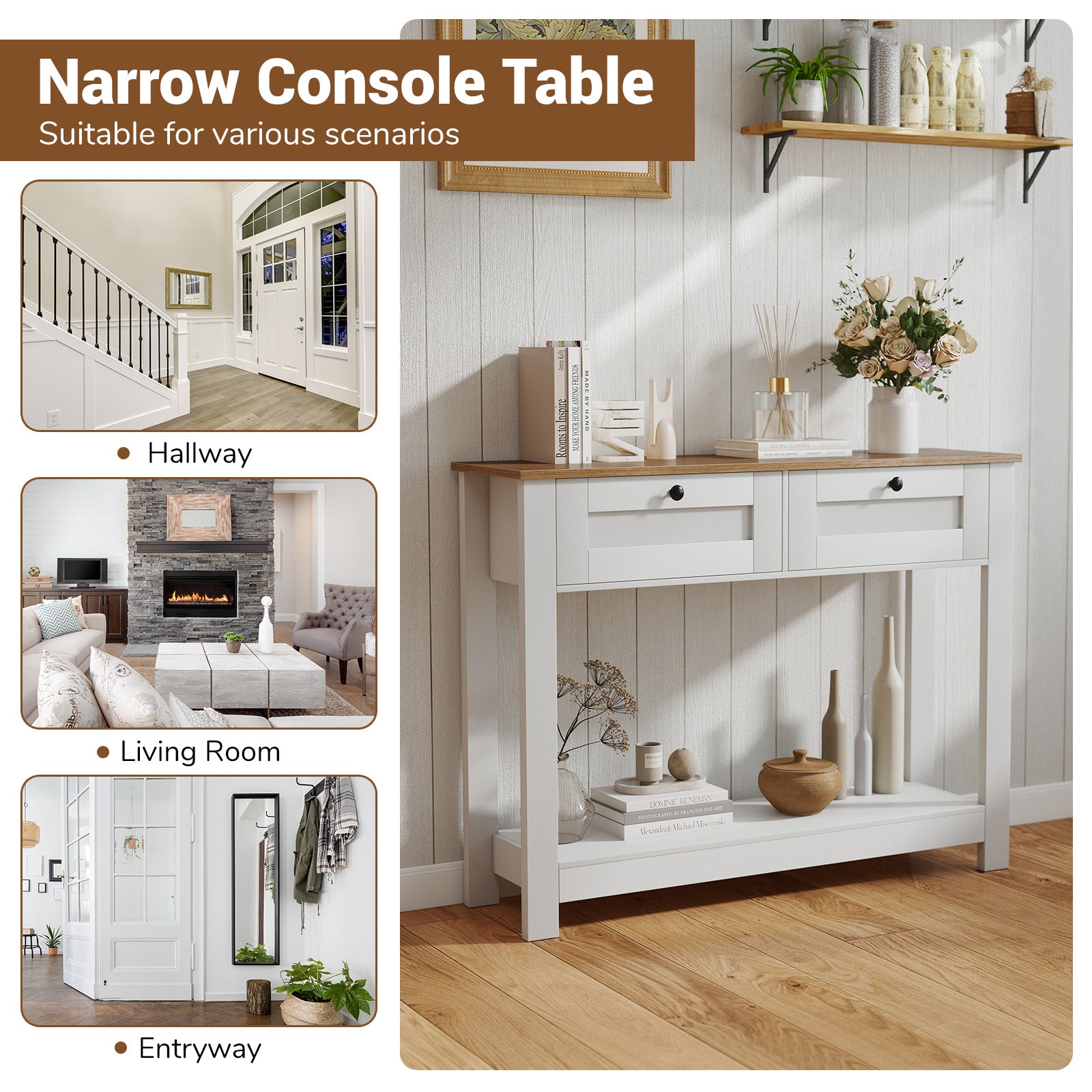 Farmhouse Console Table with 2 Drawers 42 inch Long Narrow Entryway Table Console Tables at Gallery Canada