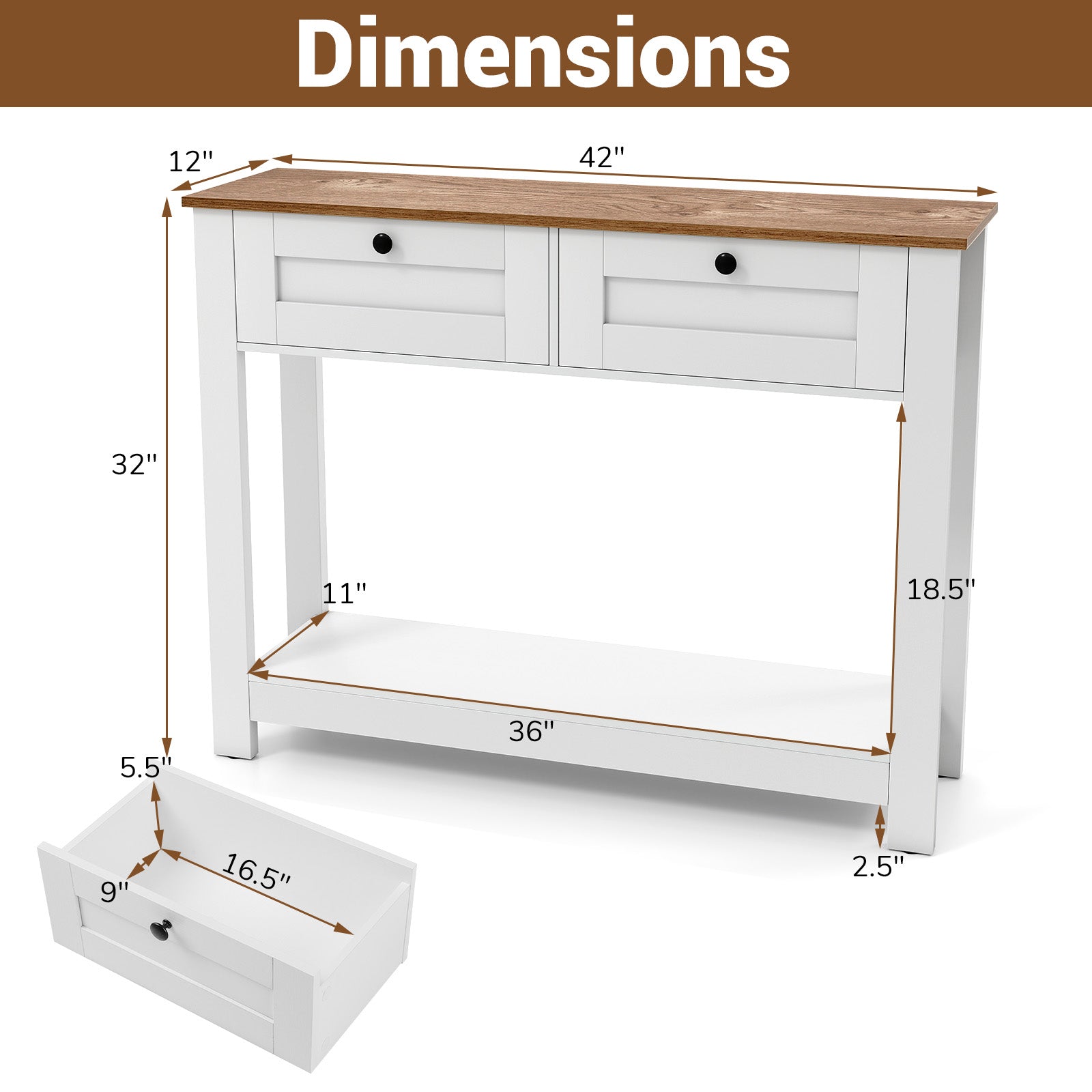 Farmhouse Console Table with 2 Drawers 42 inch Long Narrow Entryway Table Console Tables at Gallery Canada