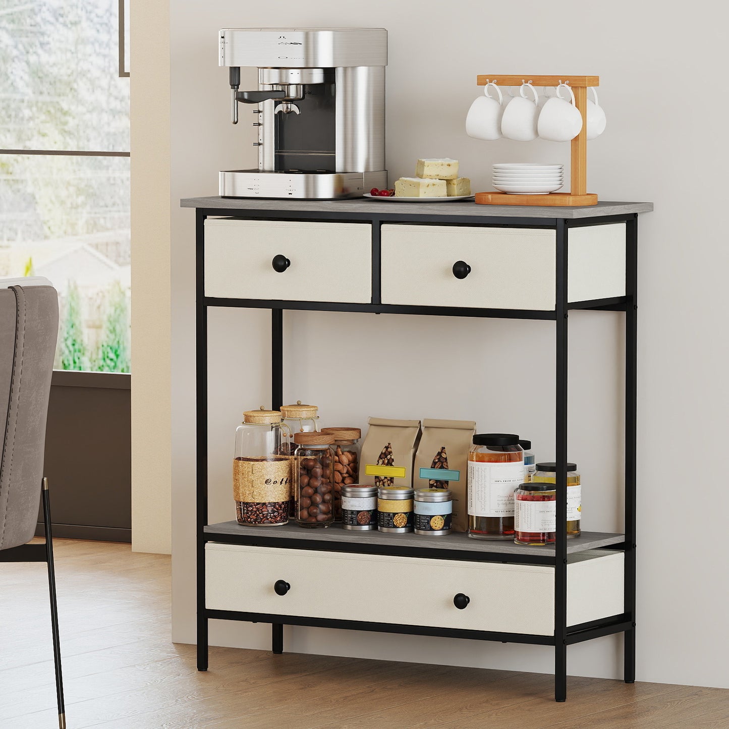 Farmhouse Console Table with Open Storage Shelf for Hallway, Gray