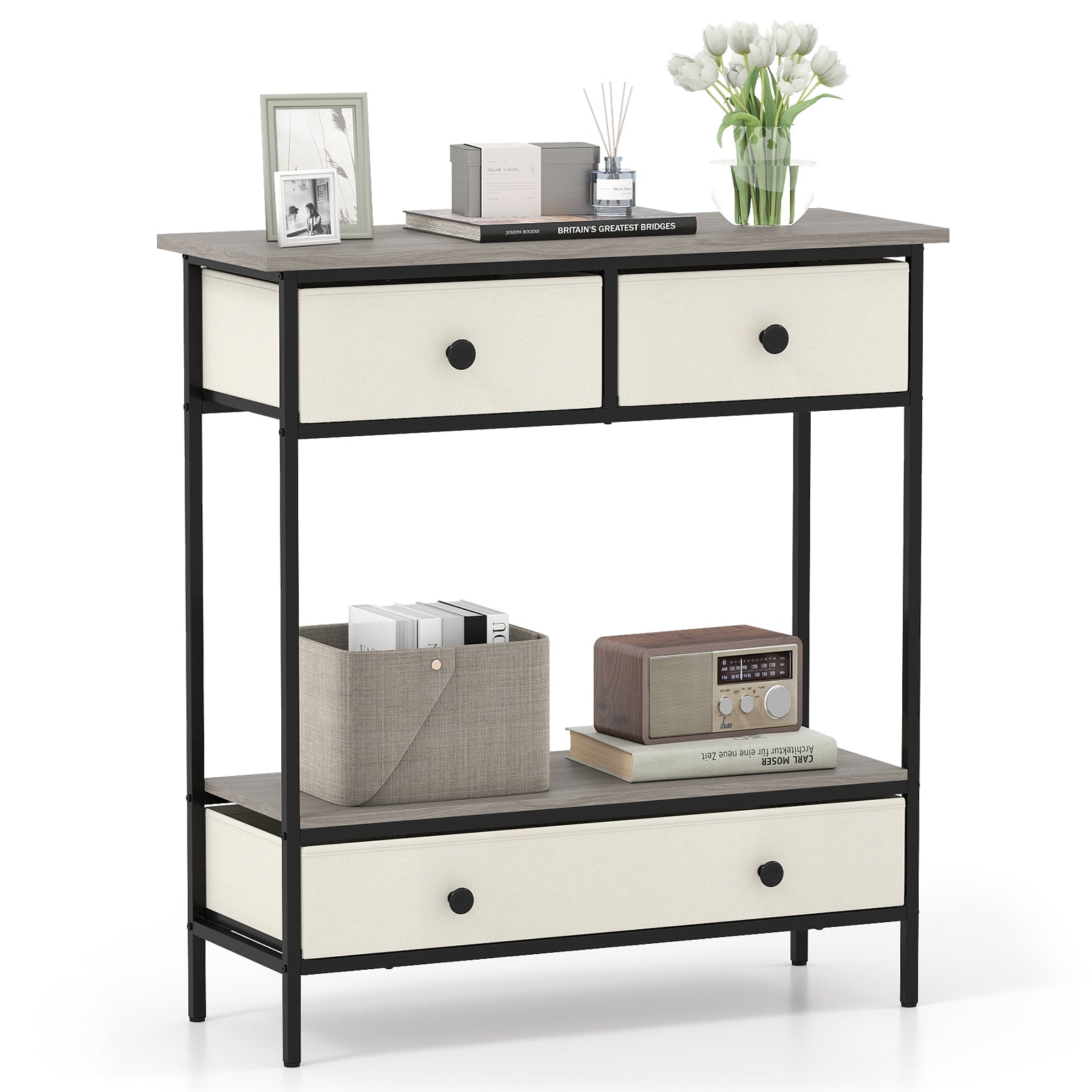 Farmhouse Console Table with Open Storage Shelf for Hallway, Gray Console Tables at Gallery Canada