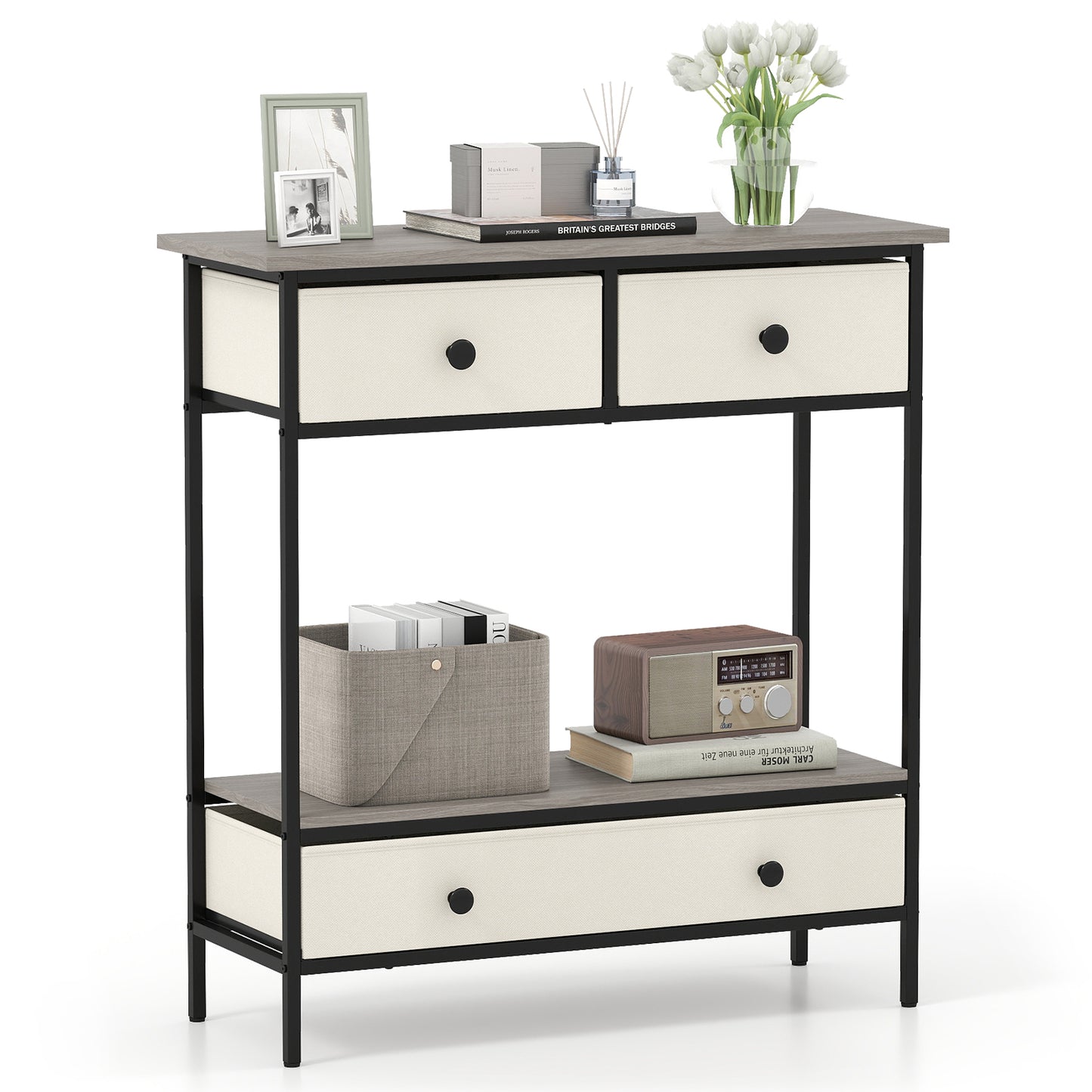 Farmhouse Console Table with Open Storage Shelf for Hallway, Gray Console Tables at Gallery Canada