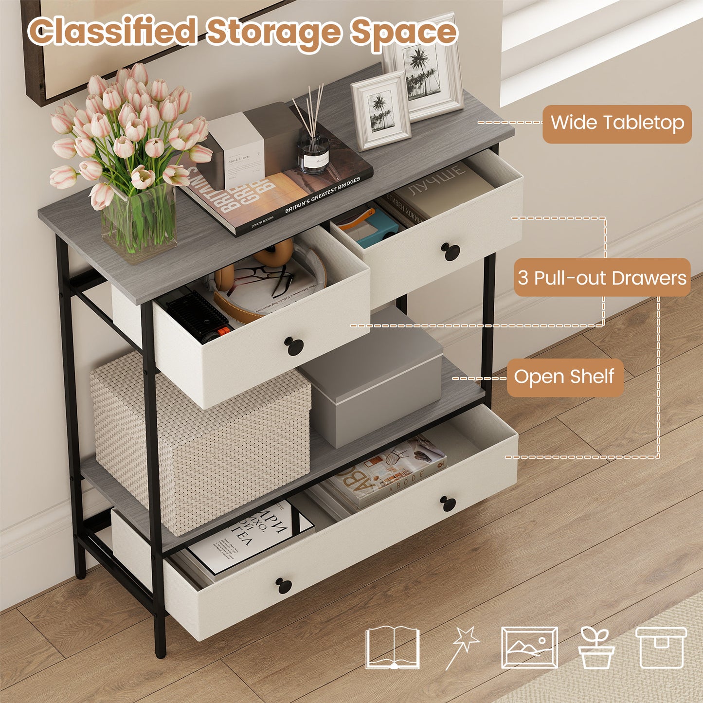 Farmhouse Console Table with Open Storage Shelf for Hallway, Gray