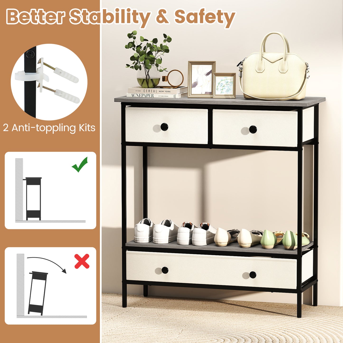 Farmhouse Console Table with Open Storage Shelf for Hallway, Gray