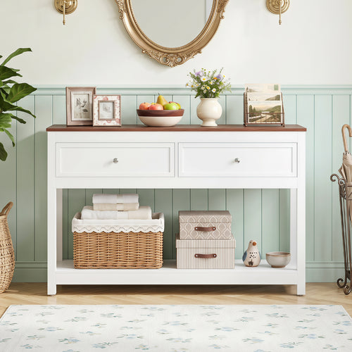 Farmhouse Console Table, 2 Drawers, Shelf, White